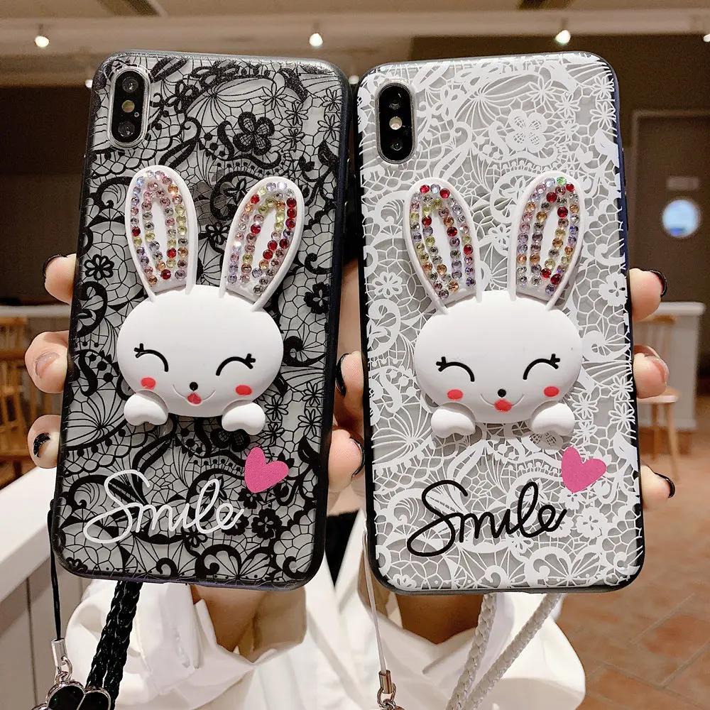 Fashion Lace Flowers Lanyard Phone Case For iPhone 11Pro MAX XR XS Max 8 7 6S Plus 5S Cartoon Rabbit Ear Bracket Back Cover Capa |