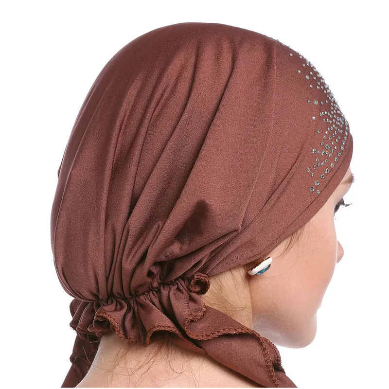 

2019 Fashion Women Headscarf Hat Thin Summer Muslim Inner Caps Solid Diamond Turban Bonnet Hijab India Head Wrap Hats For Ladies