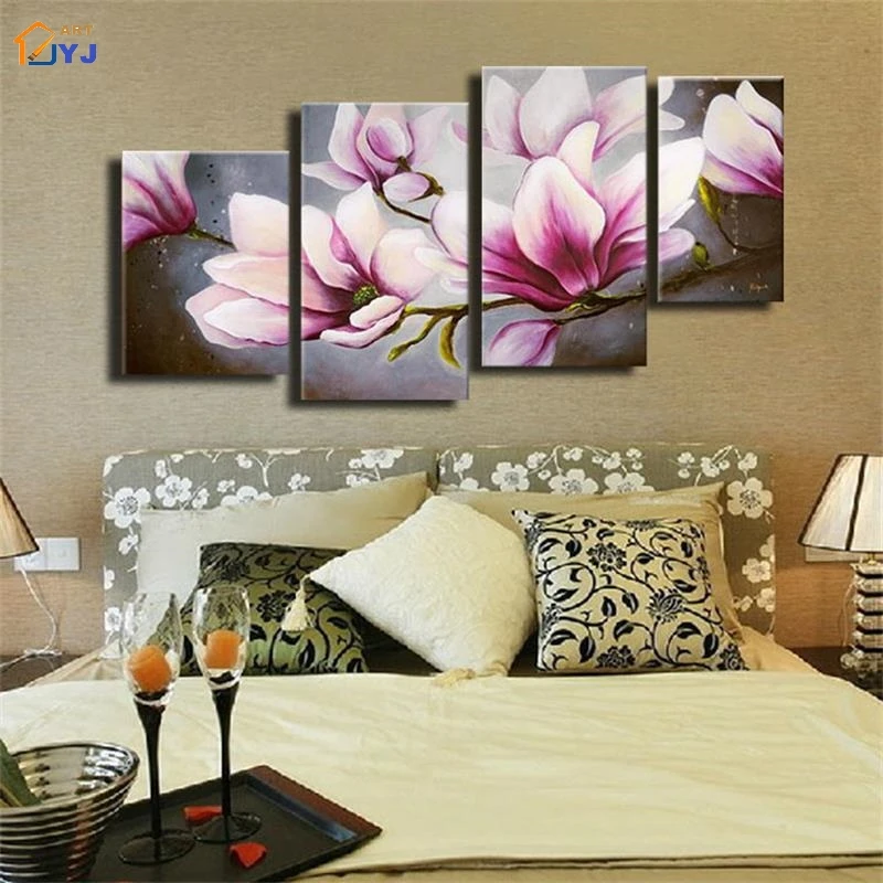 Картина с розовыми цветами 4 панели модульная Современная картина маслом ручной