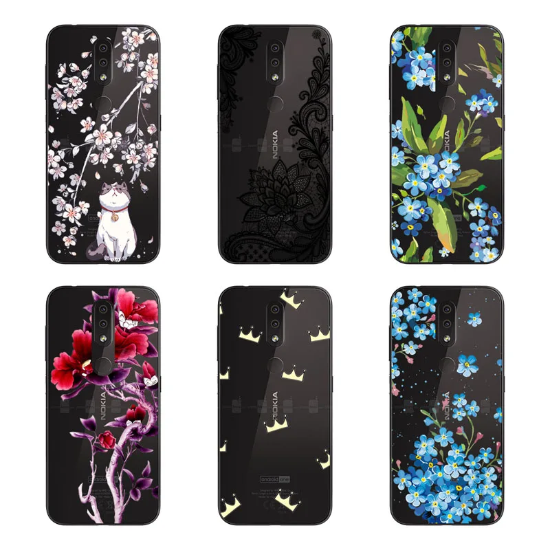 Чехол для Nokia 4 2 силиконовая Черная мягкая задняя крышка из ТПУ с рисунком цветов