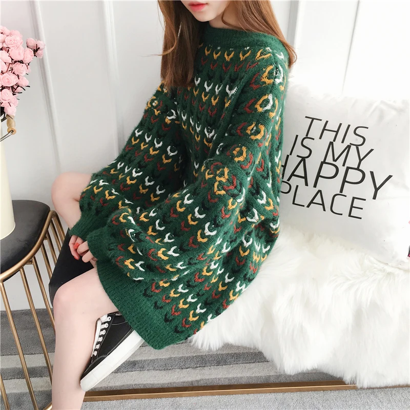 Свитер женский шерстяной с круглым вырезом свободный большого размера длинными