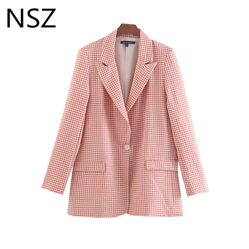 NSZ Women Pink Plaid Blazer Long Sleeve Checked Office Jacket Ladies Work Business Coat Outerwear | Женская одежда