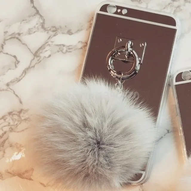 Silver Grizzl Ball Для iPhone 11 Pro XS MAX XR 6 6S 4 5 5S 5G SE 7 8 S X plus 6plus 7P чехол с зеркальной кисточкой Мягкий Пушистый Теплый искусственный мех кролика помпон - Цвет: Silver Grizzl Ball