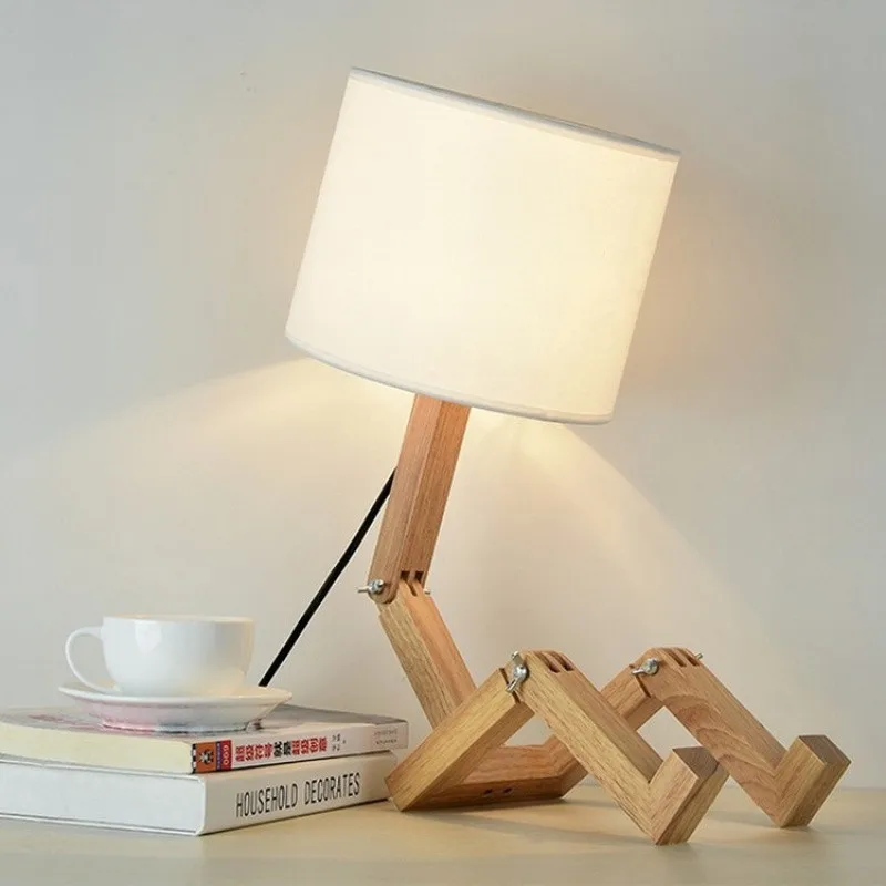 

Antique Wooden Table Lamp Bedside Bedroom Robot Modern Wooden Creative Shaped Flexible Adjustable Folding Desk Light Standing