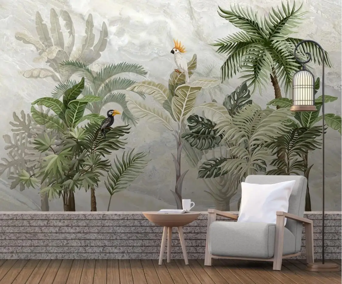 

European Tropical Wall Mural for Living Room Animal Photo Wallpaper Art Wall Decor Contact Paper Rain Forest Leaves Murals