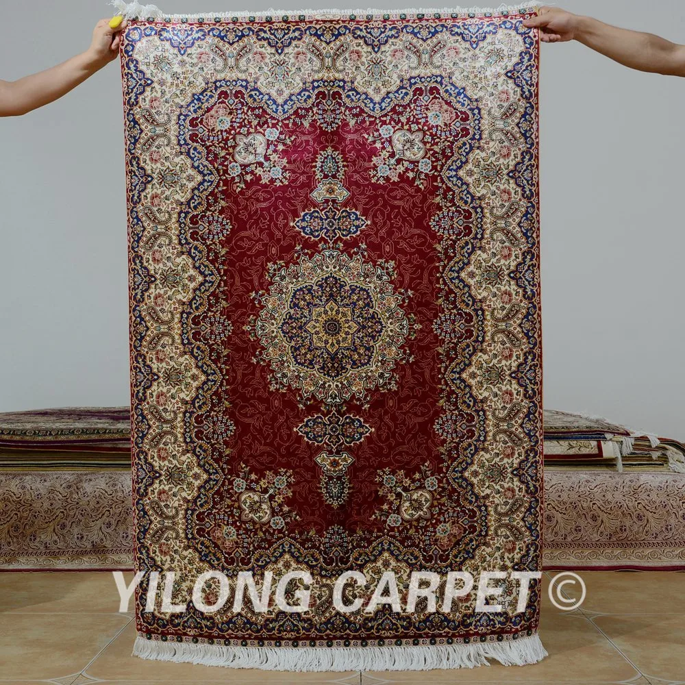 Yilong 3 'x 4 5' Античный персидский шелковый красный Тебриз ковер изысканный новый