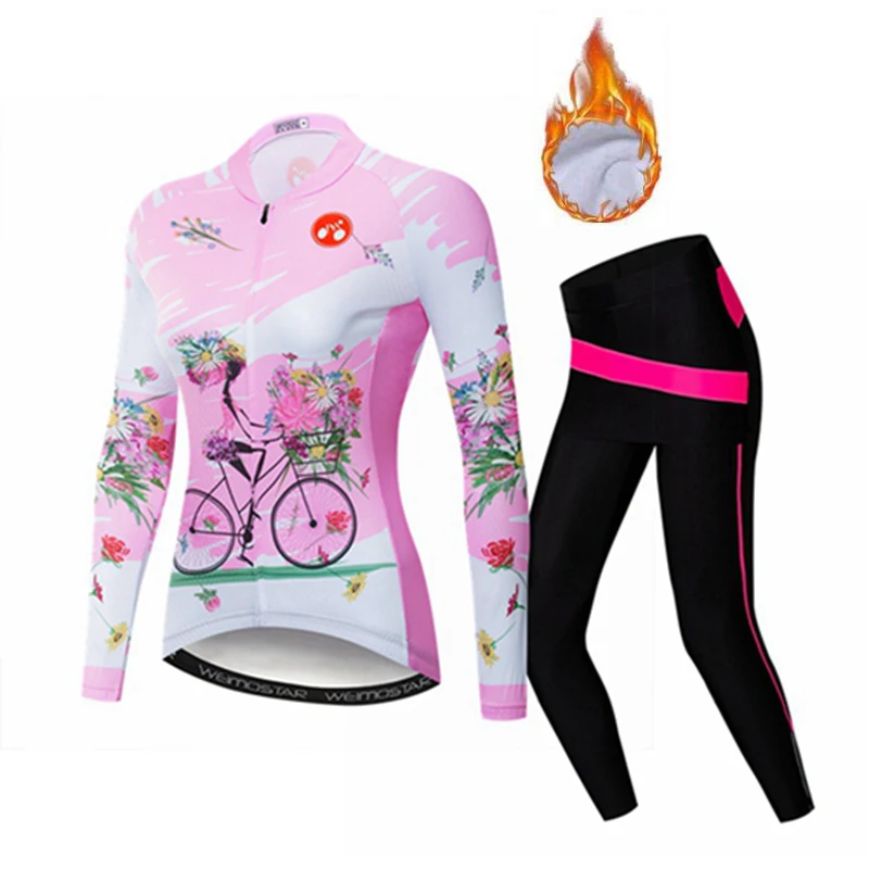 WEIMOSTAR Women Long Sleeve Cycling Jersey Set Outdoor Sport Winter Thermal Fleece Bike Clothes mtb Road Bicycle Clothing Kit