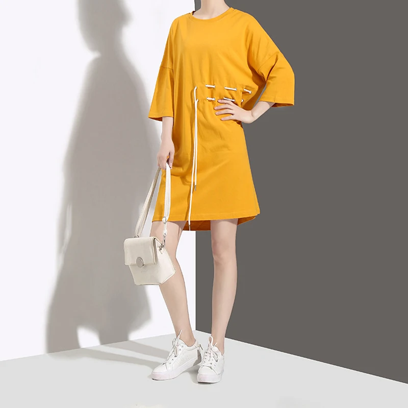 Hongsonghan Korean version 2018 fashion women's summer large size loose T-shirt dresses drawstring round waist knee length dress | Женская