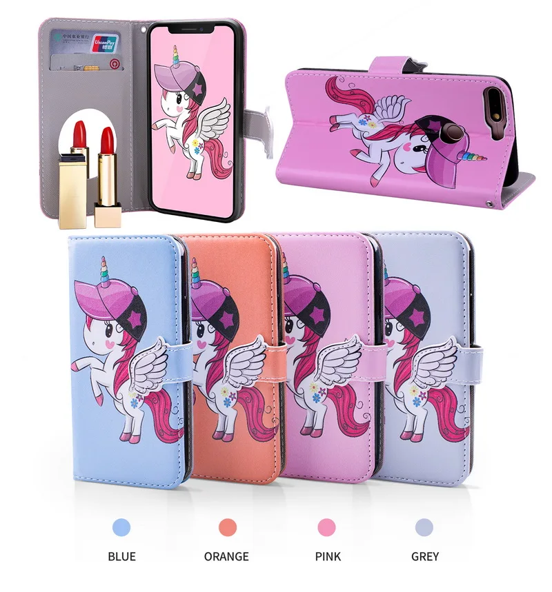 Phone Case For Huawei Y5 Y6 Y7 Prime 2018 Wallet Unicorn PU Leather Flip Cover Mirror Girl Coque Fundas | Мобильные телефоны и
