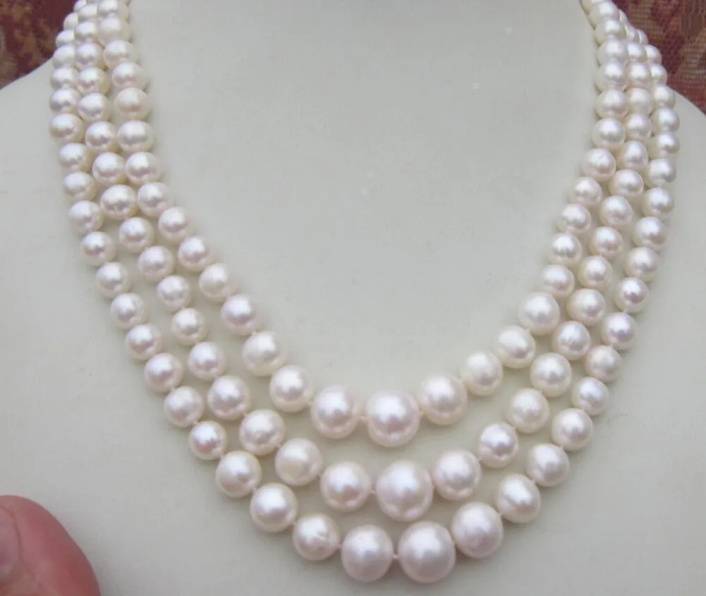 

NEW 3 rows strands (7-8mm) - (10-11mm) south sea white pearl necklace 18 "-20"