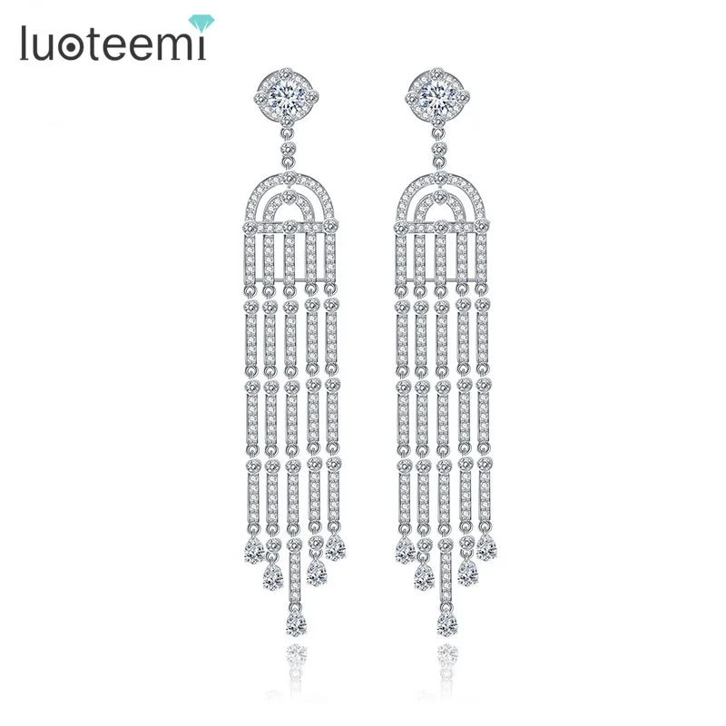 

LUOTEEMI 2016 Luxury White Gold-Color Long Tassel Design Dangle Earrings For Women Bridal Wedding Jewelry Brincos Bijoux