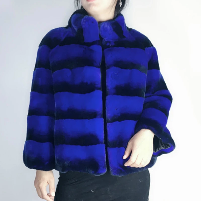 blue 55cm Зимняя куртка для женщин Повседневное натуральный мех пальто натуральный Рекс верхняя одежда из кроличьего меха Роскошные брендовые толстые теплые уличная - Цвет: blue 55cm