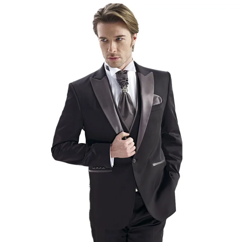 New Arrival Mens Suits Wedding Suits black Peak Lapel one Button Tuxedos Grooms Custom Made( jacket+Pants+vest+tie)