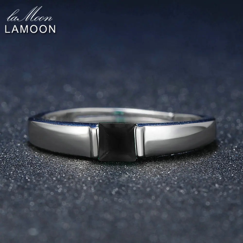 LAMOON Classic 4mm Natural Square Black Chalcedony 925 Sterling Silver Simple Ring Jewelry S925 For Women LMRI035 | Украшения и