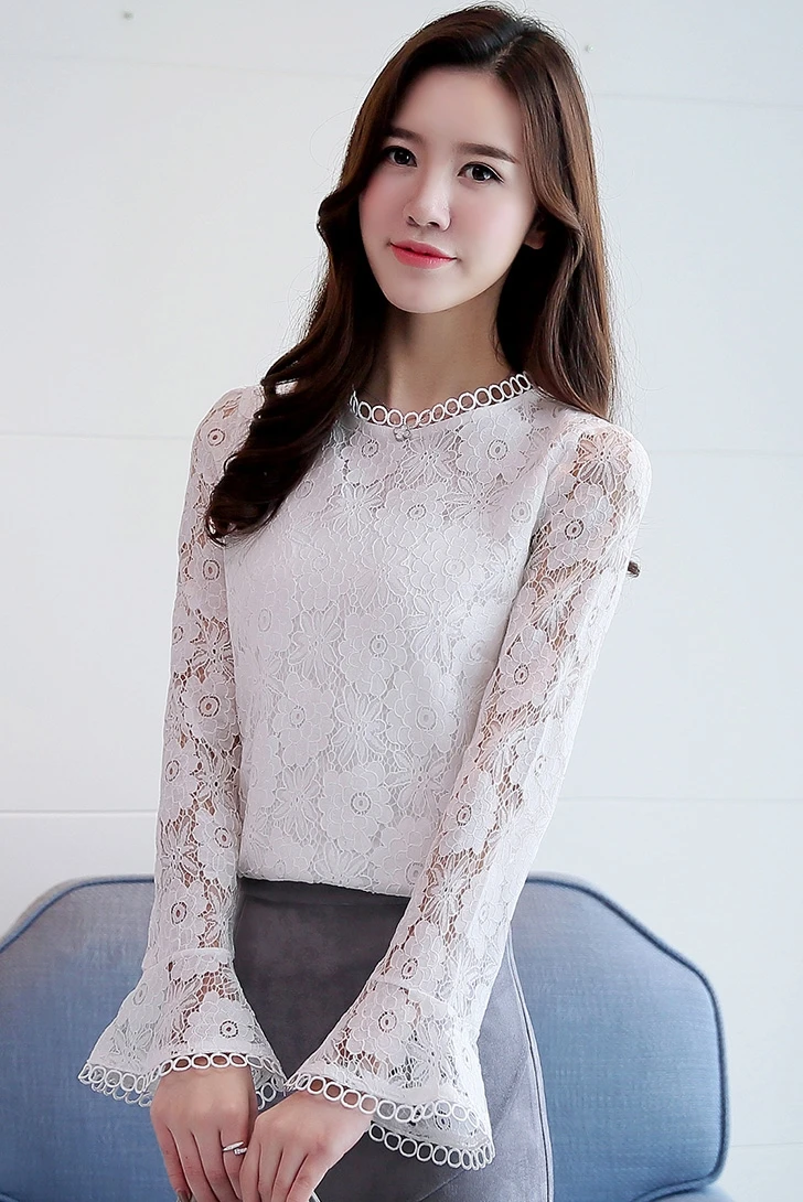 New Fashion Woman Blouses 2018 Lace Long Sleeve Women Tops Solid Simply O Neck Shirt Sweet Floral Feminine Blusas 0702 30 |