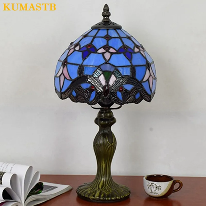 Настольная лампа в стиле барокко синяя витражная прикроватная для спальни