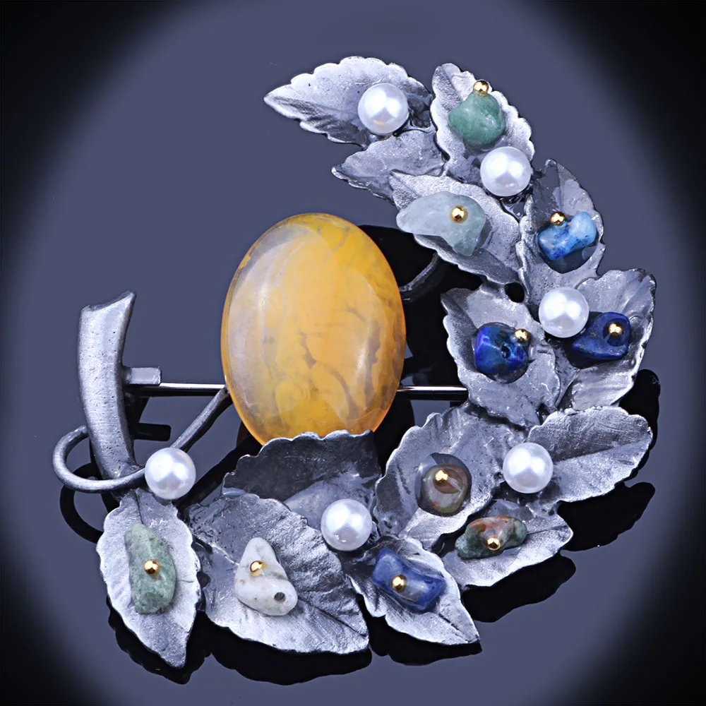 

Classic Style Vintage Brooch & Pins With Natural Stone Antiqued Silver Metal Brooches For Women Dress Accessories