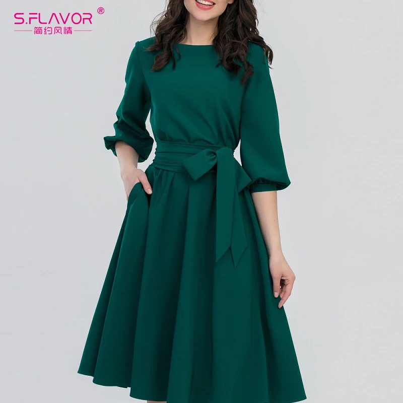 S. FLAVOR 2019 женское модное винтажное платье зеленого цвета с круглым вырезом