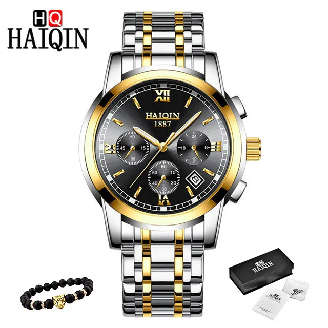 HAIQIN, мужские часы, новые военные Роскошные брендовые часы, мужские кварцевые часы из нержавеющей стали, мужские модные часы с хронографом, Relogio Masculino - Цвет: S-gold black