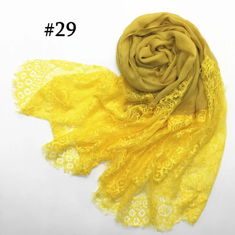 29 yellow 30 цветов Длинные двухсторонняя цветочные кружева шарфы элегантный Для женщин мусульманский хиджаб турецкий обертывания гладкое хлопчатобумажное полотно Макси кашне, шаль тюрбан - Цвет: 29 yellow