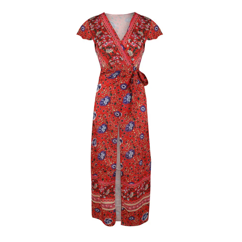 

UrButifo Sexy Split Dress Women Retro Vintage Floral Print Maxi Dress Summer Short Sleeve Beach Boho Dress Ankle-Length Vestidos