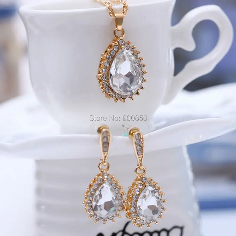 4 Colors Good Quality Wedding Jewelry Sets Gold Color Crystal Pendant Necklace Drop/Dangle Earrings For Women | Украшения и