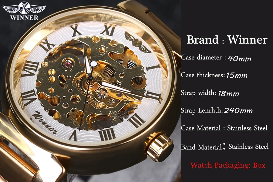 Часы-скелетоны Winner Мужские механические полностью стальные золотистые 2018 |