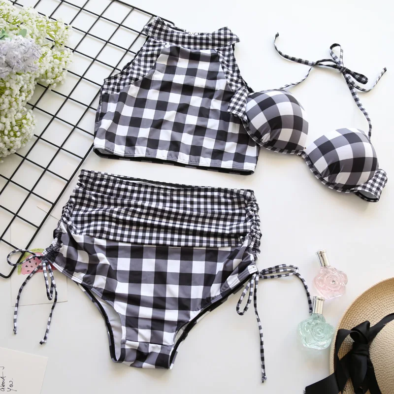 2017 красная решетка для милых девочек бикини сплит треугольник галстук студента