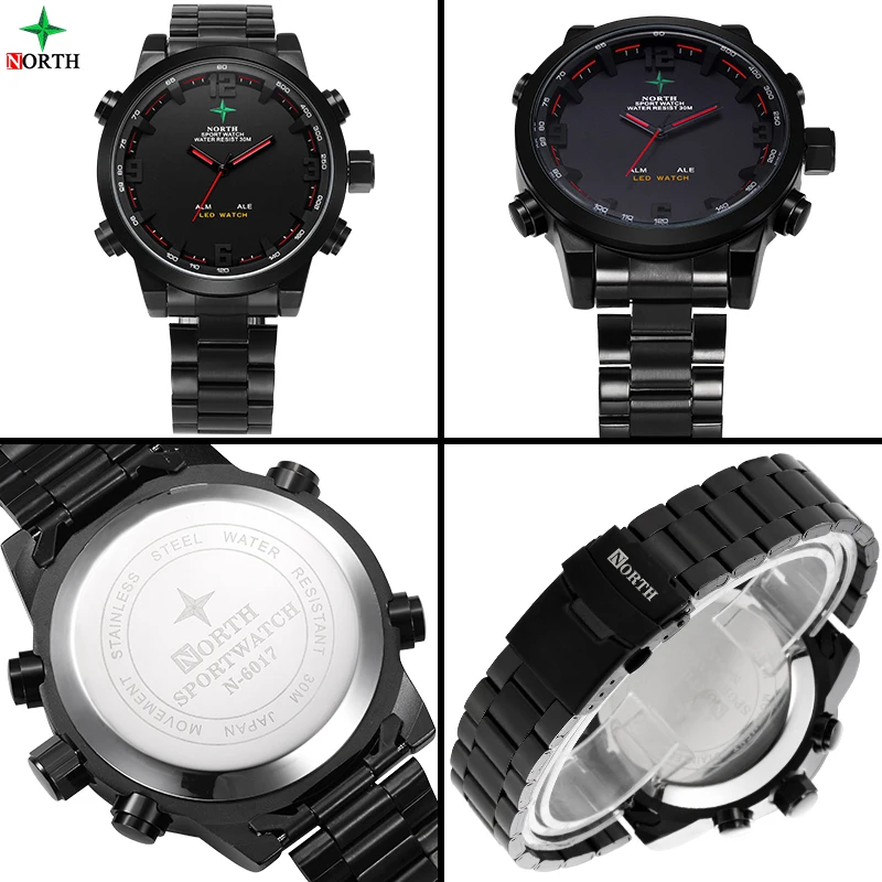 NORTH Men's Watches LED Military Digital Sports Quartz Watch Fashion Waterproof Stainless Steel Clock | Наручные часы