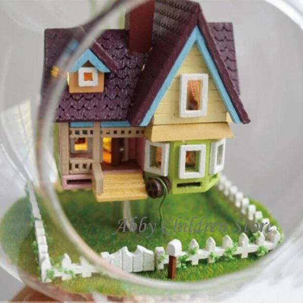Abbyfrank DIY Стекло дом модель с лампой ручной миниатюрный Мебель Paradise Falls вверх