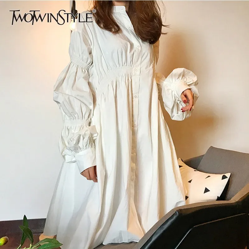 

TWOTWINSTYLE Puff Sleeve Shirt Dress Women Ruched Oversized Casual Dress Female Casual Fashion Clothing Big Size 2022 Spring New