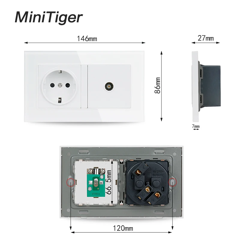Настенная розетка Minitiger 16 А для России Испании с заземлением гнездо питания