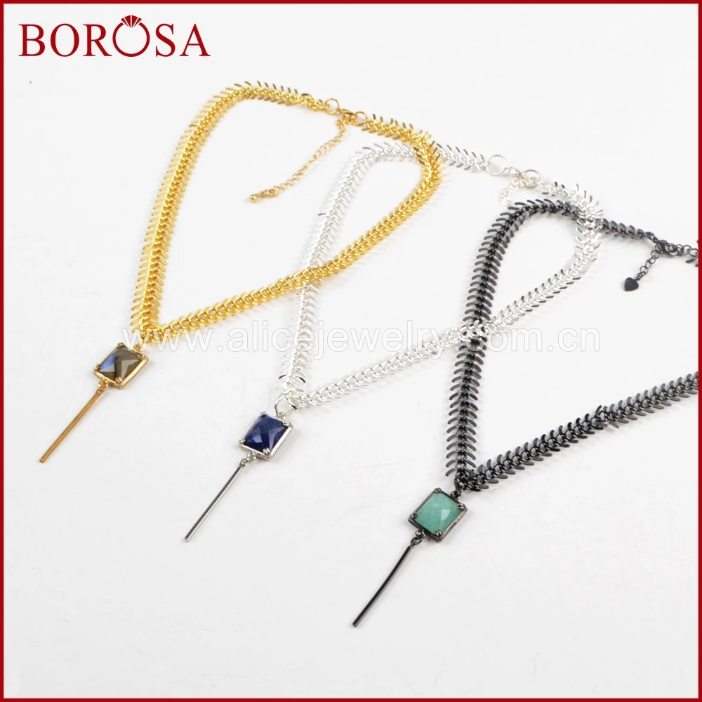 

BOROSA Mix Colors Druzy Jewelry Mixed Plated Rectangle Lapis Labradorite Amazonite Faceted Fishtail Necklace for Women G1364