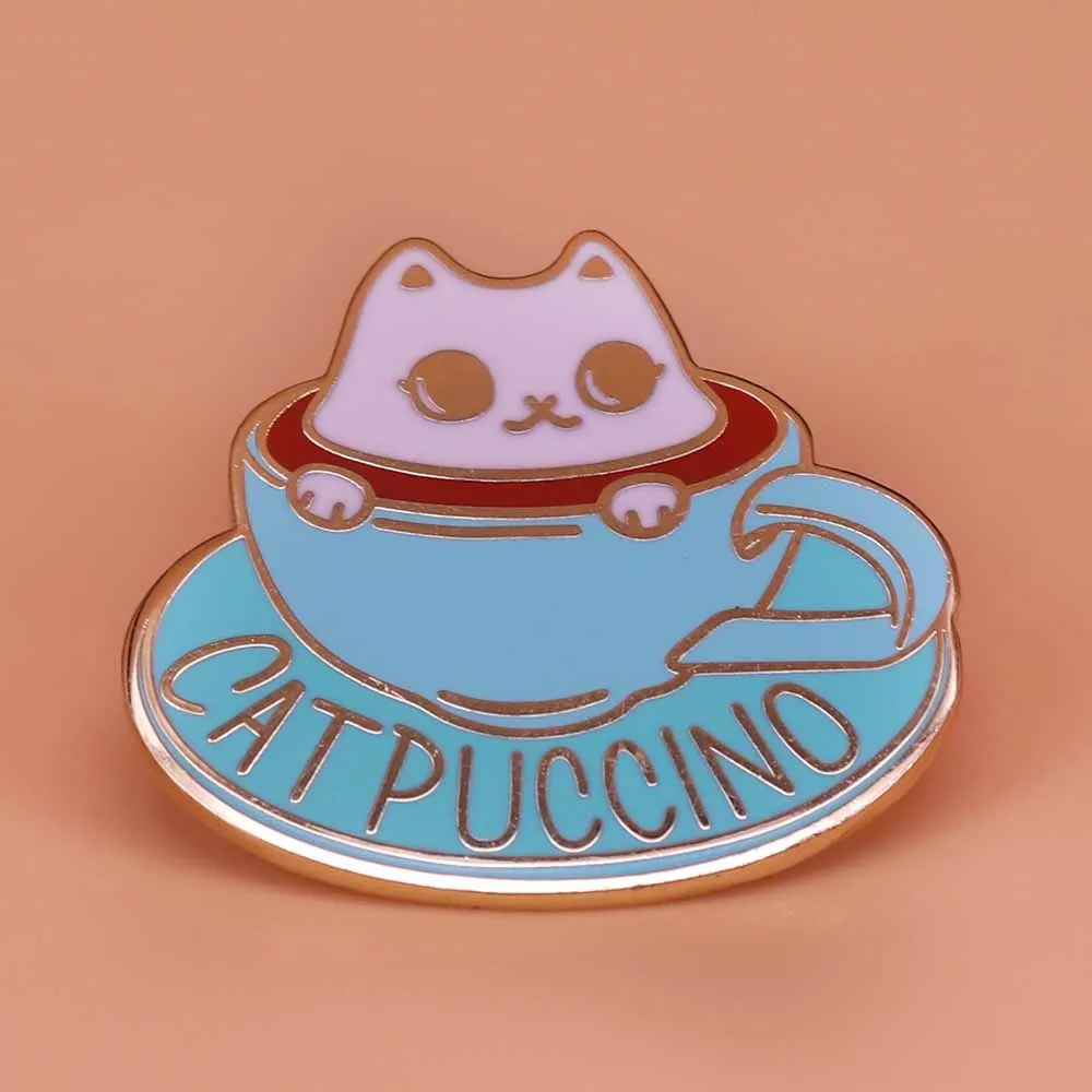 Catpuccino эмалированная булавка кофейная кошка брошь капучино Кубок значок кофе наркоман булавки милые животные ювелирные изделия кофеин подарок для влюбленных