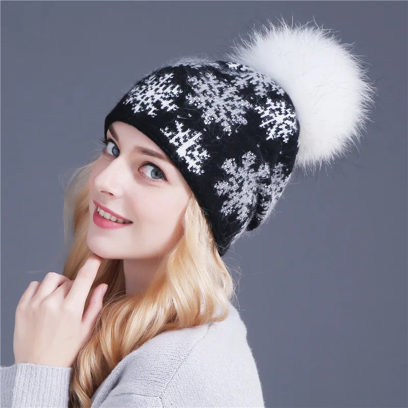 black hat white pom XTHREE, настоящая норка, помпоны, шерсть, мех кролика, вязанные шапочки Skullies, зимняя женская шапка, шапка для девочек, feminino beanies, шапка - Цвет: black hat white pom