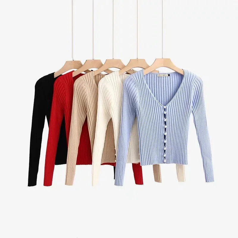 2019 Brand V-neck Pearl Knitted Cardigans Women Streetwear Vintage Solid Knitwear Ladies Spring Slim Fit Femme Sweater cws0186-5 |