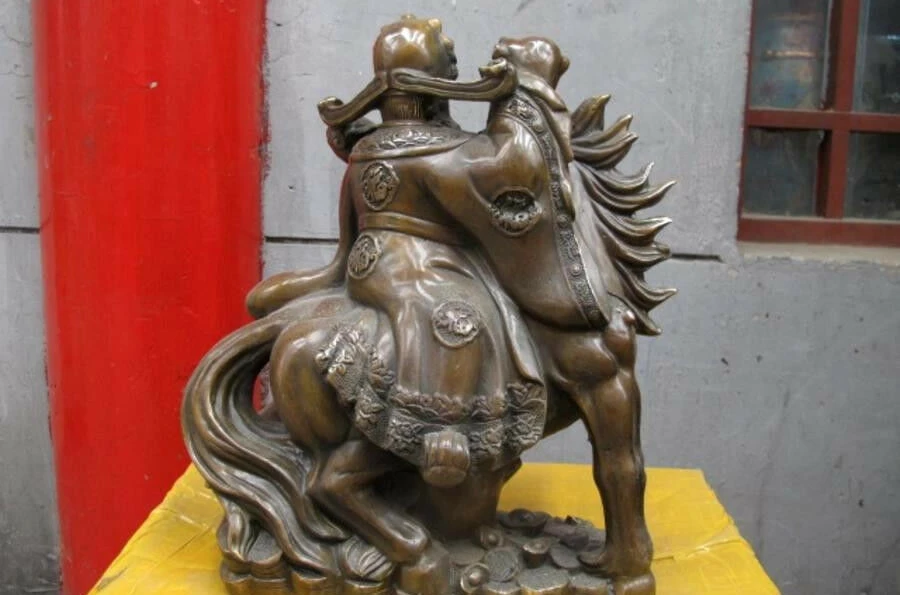 China Fengshui old Bronze treasure bowl Wealth God On Horse Mammon Buddha statue | Дом и сад