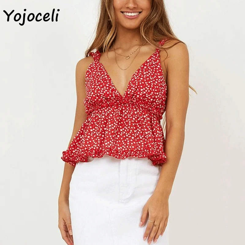 Красный Yojoceli, летние топики с цветочным принтом, топы для женщин, boho, пляжные, с рюшами, укороченные, feamle, жилет, топы - Цвет: Красный