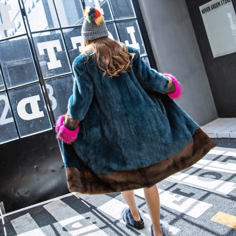 Stylish Winter 2019 female jacket colorful elegant long real mink fur coats polo collar raccoon dog sleeve new Women's clothing
