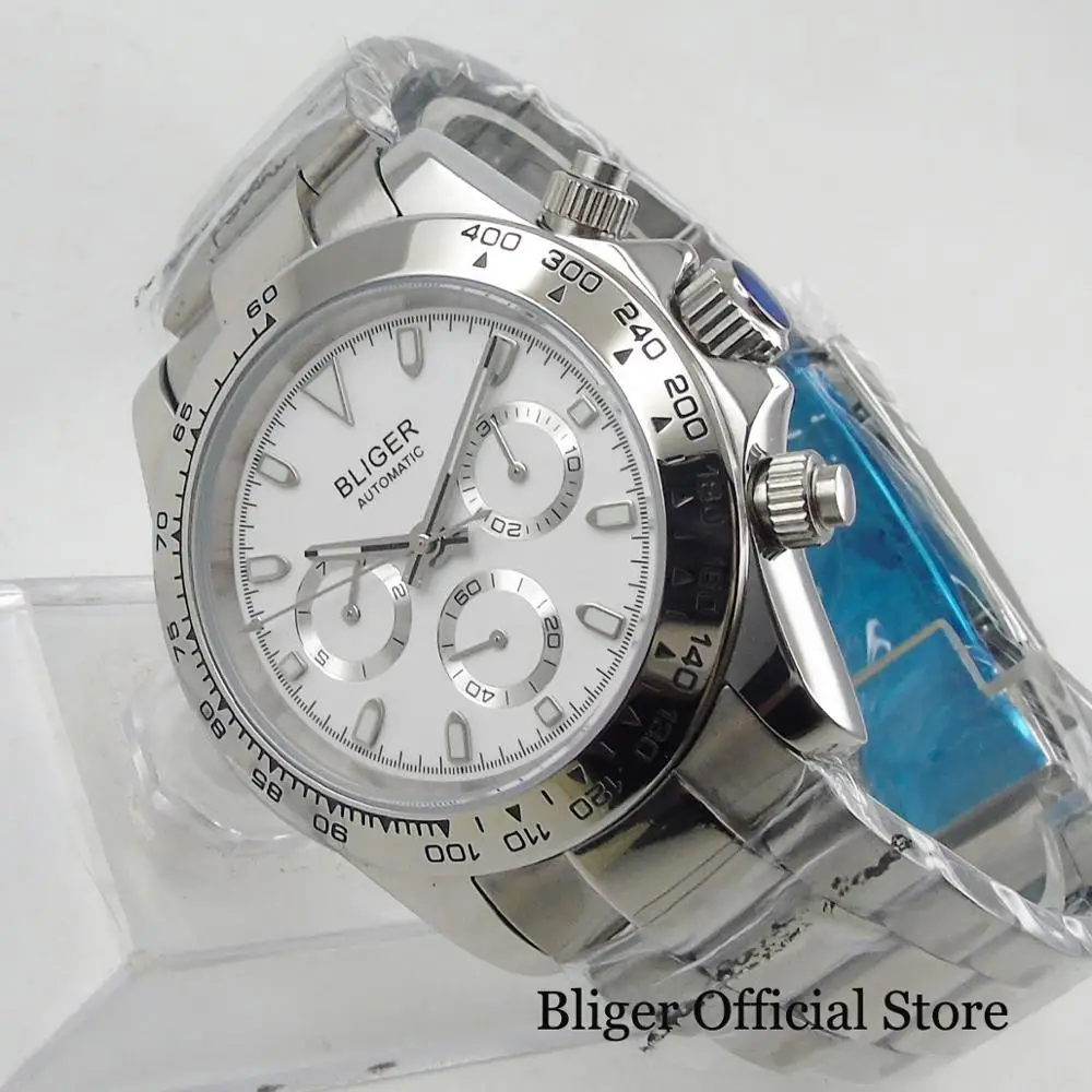 BLIGER Luxury 40mm White Dial Stainless Steel Bracelet Auto Date and Weekday Indicator