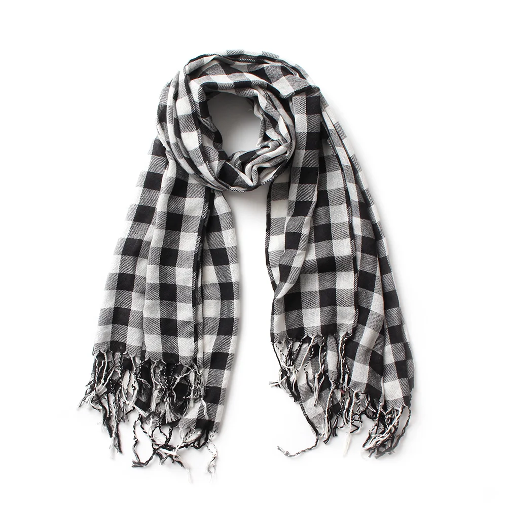 Черно белые клетчатые имитация кашемира шарфы с кисточками женский зимний
