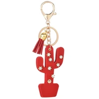 fashion pu leather cactus tassels women keychain bag pendant alloy car key chain ring holder retro jewelry