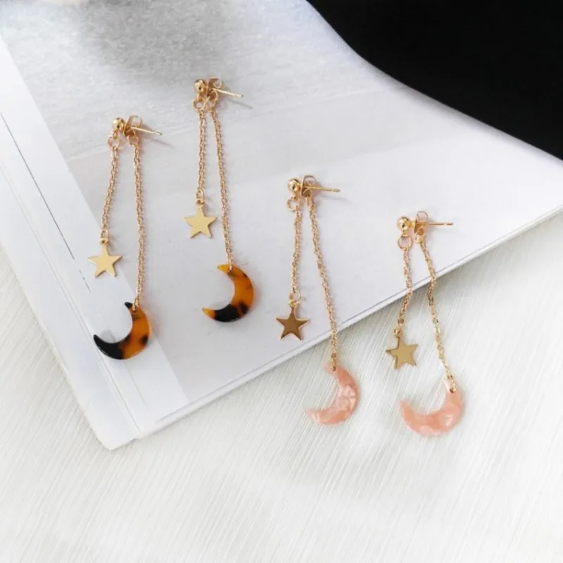 

2019 Pink Star Moon Leopard long asymmetric dangle earrings Temperament Pendant Geometric panther earrings for women jewelry