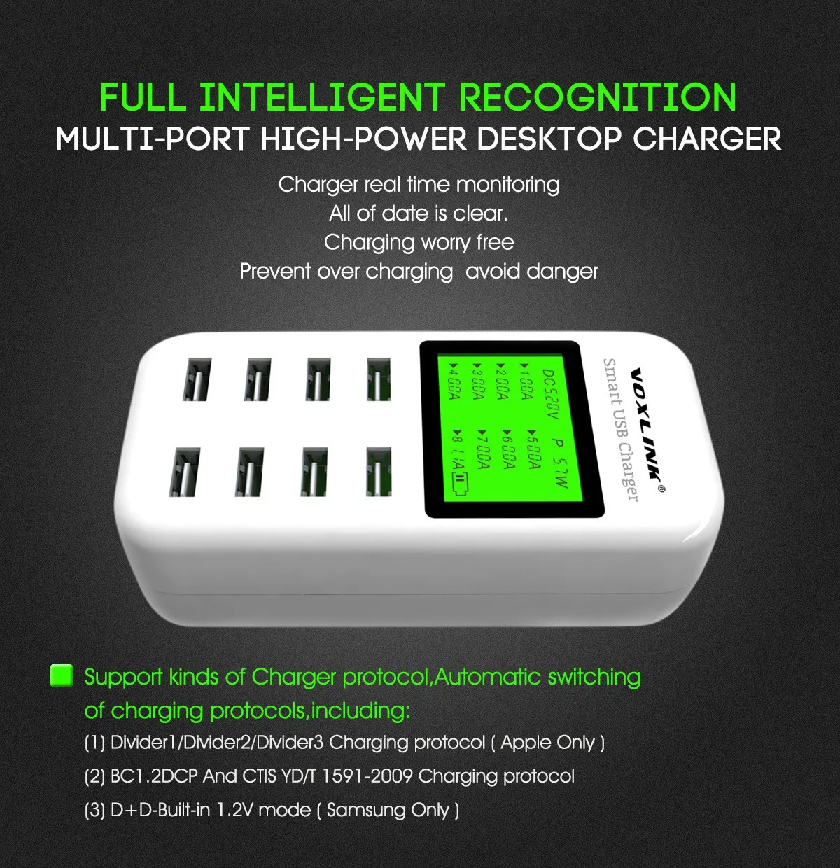 VOXLINK 8 портов Smart USB зарядное устройство концентратор с ЖК дисплеем 40 Вт мульти