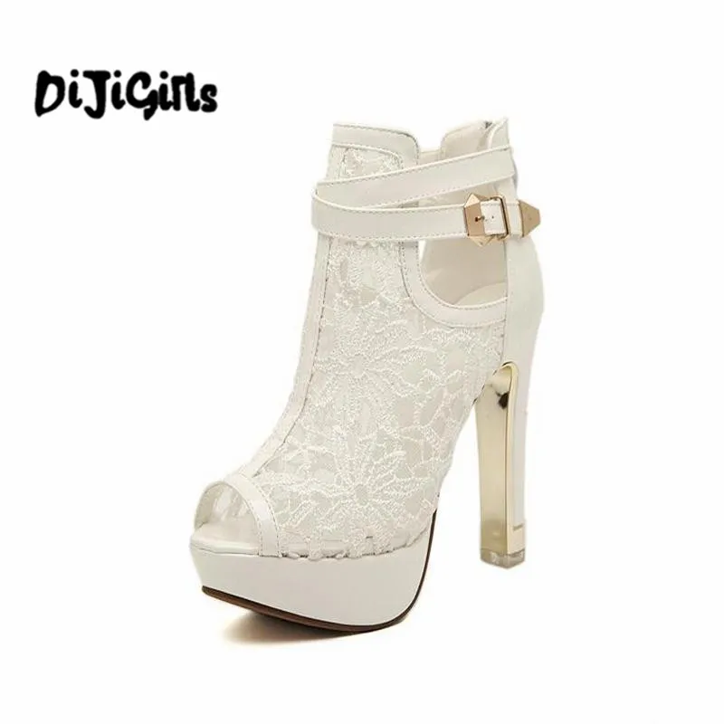 Новинка 2017 года женские босоножки на платформе с кружевом цвет белый черный