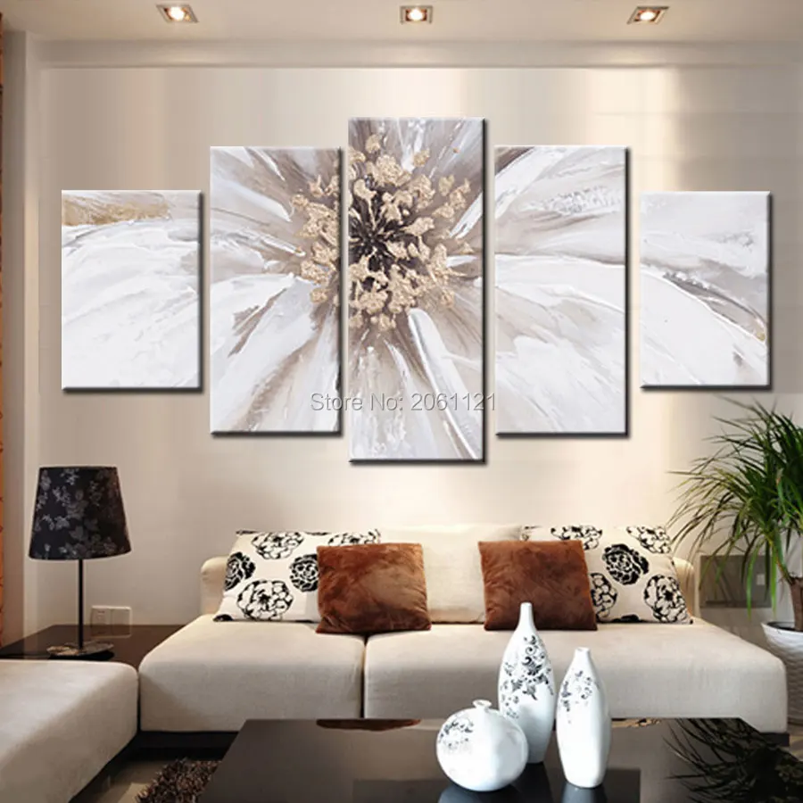 

Hand Drawing 5 Piece Modern Abstract Artwork huge large white flower Oil Painting On Canvas Wall Decoration Pictures Set