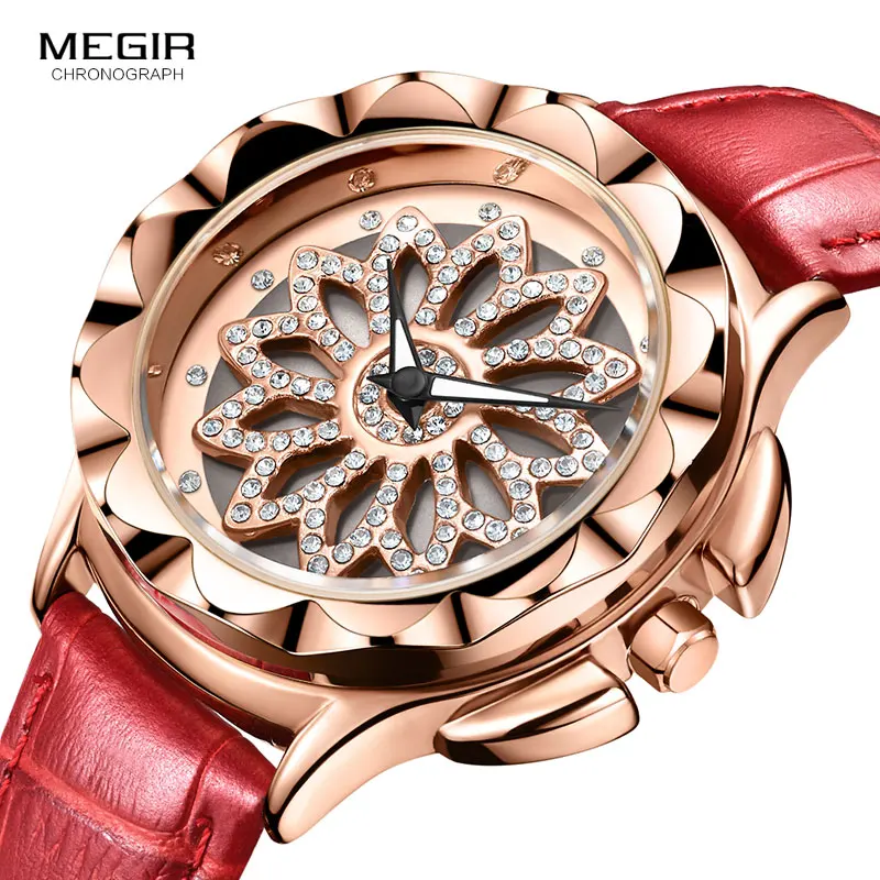 

MEGIR Women's Watches Luxury Lovers Ladies Wristwatches Fashion Red Leather Strap Luminous Diamond Flower Dial ML2059