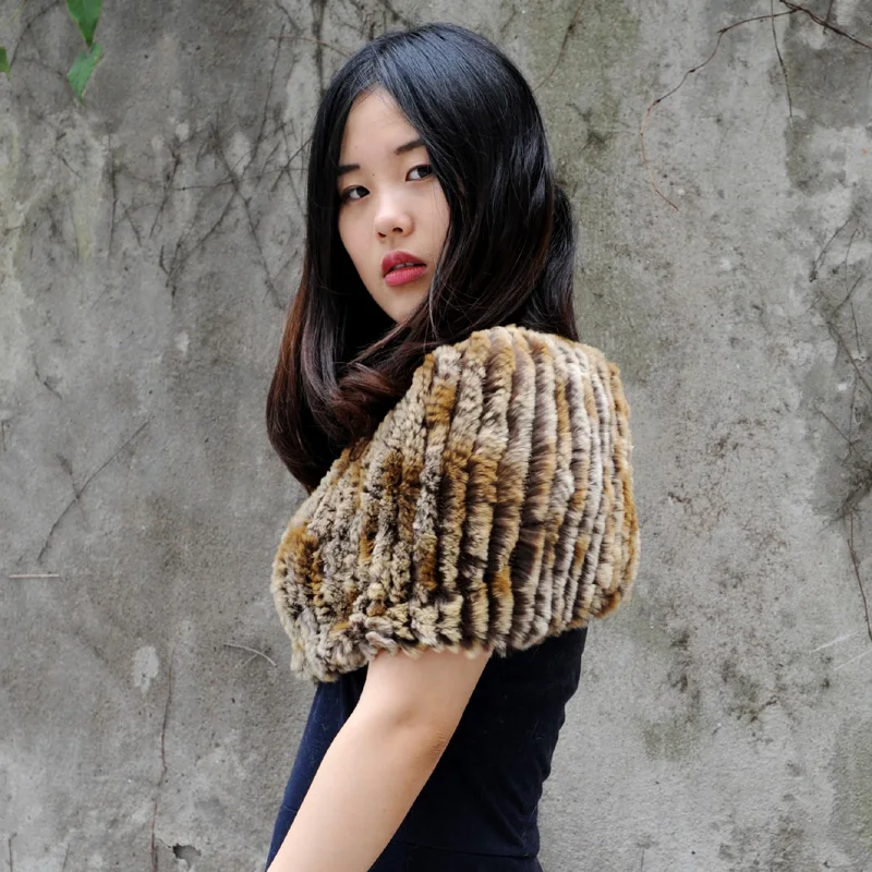 CX-B-44D Wholesale Price Rex Rabbit fur Knitted Scarf Girls Winter Fur Tank Shawl | Wraps