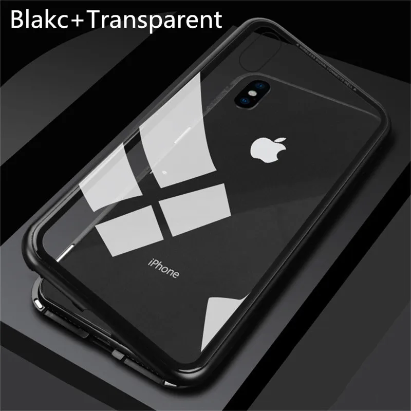 

Luxury transparent magnetic adsorption case For iPhone 6 6S + 7 8 + X hard case metal bumper toughened glass rear cover