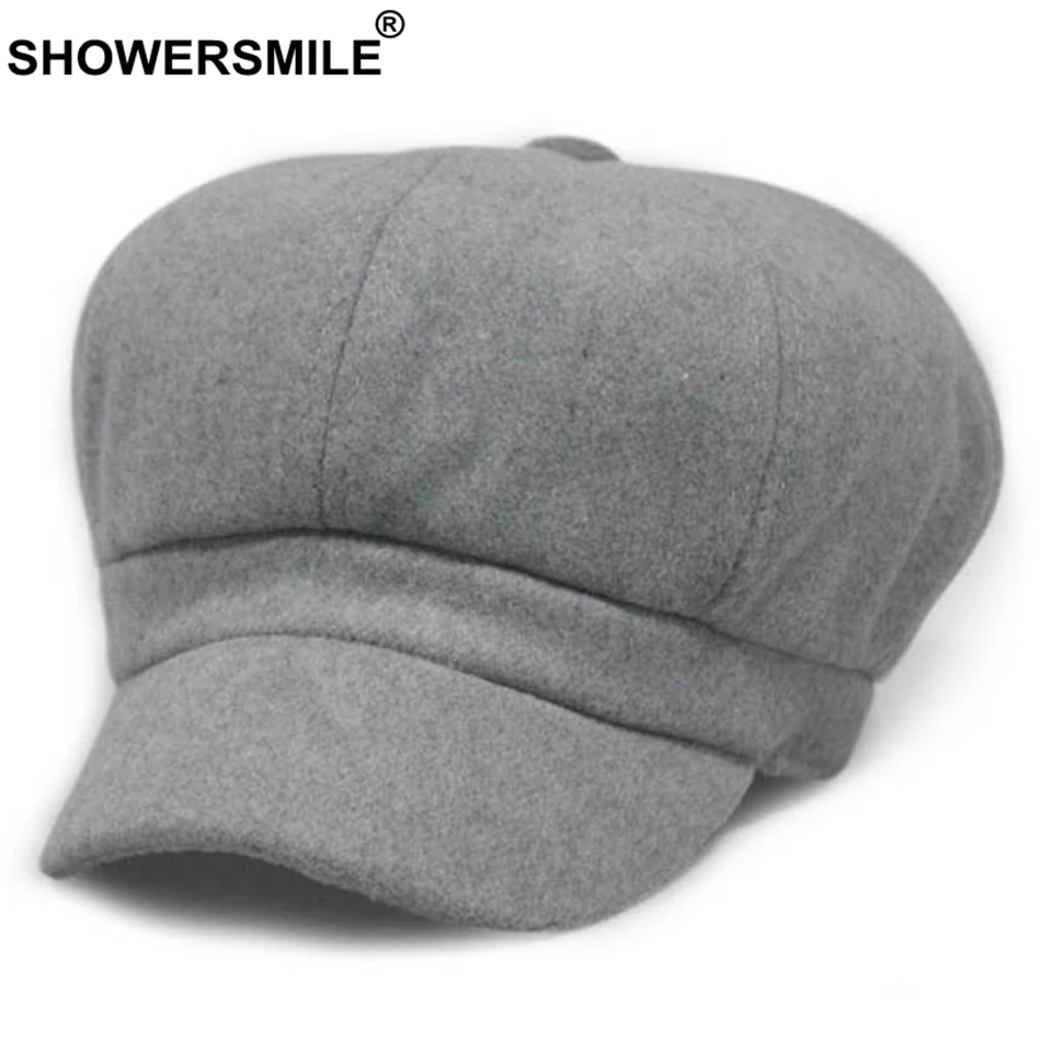 Light Grey Hat SHOWERSMILE, красная Шерстяная кепка Newsboy, женская теплая винтажная восьмиугольная шапка, женская шапка в британском стиле, осенне-зимняя Кепка на плоской подошве, Новинка - Цвет: Light Grey Hat